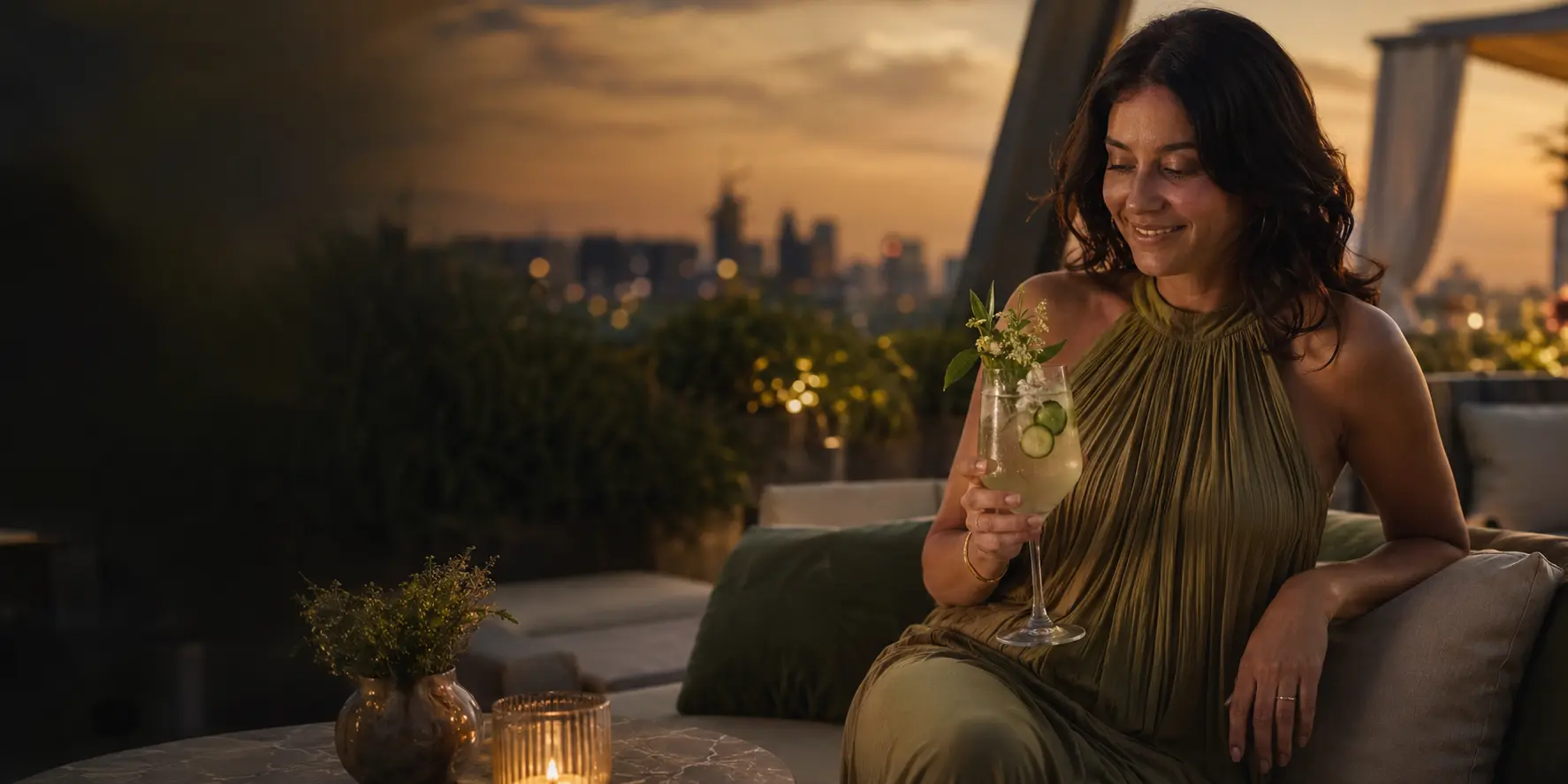 A smiling guest enjoying an elegant alcohol-free mocktail