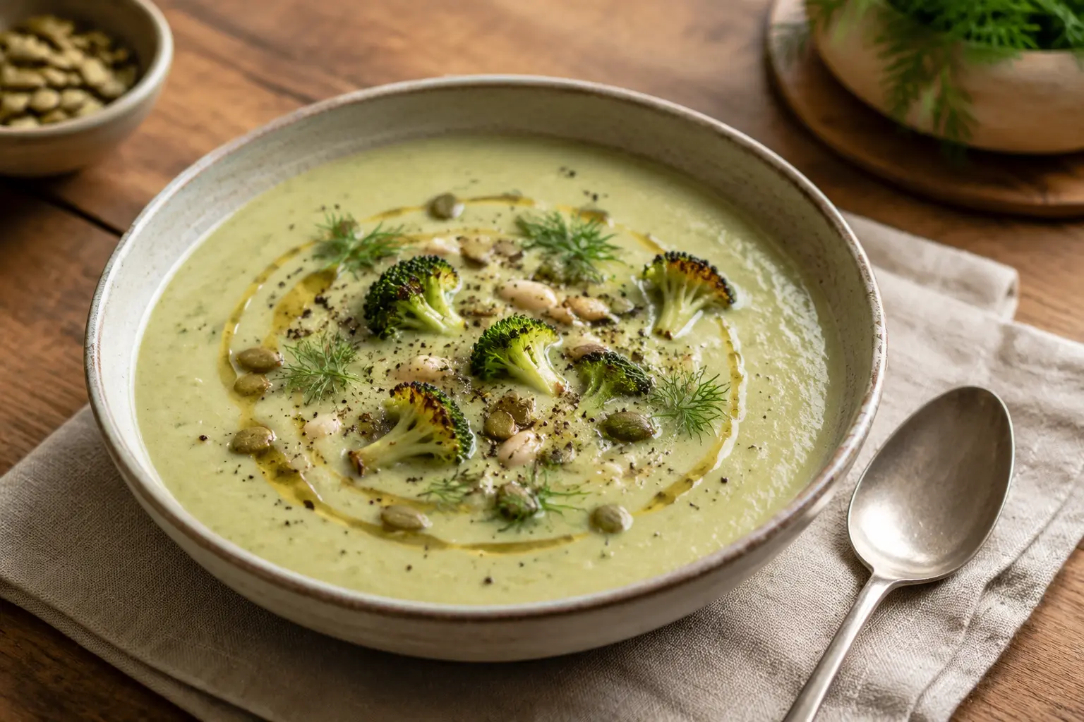 Creamy vegan broccoli and white bean soup topped with roasted broccoli, pumpkin seeds and fresh dill