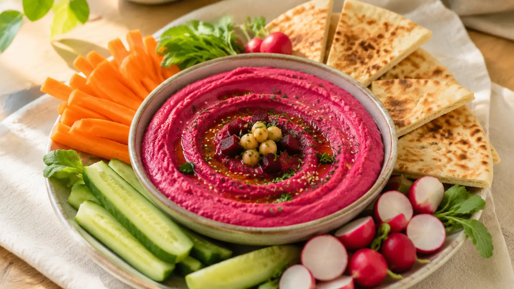Bright pink beet hummus topped with chickpeas and herbs, served with cucumber, carrots, radishes and toasted pita