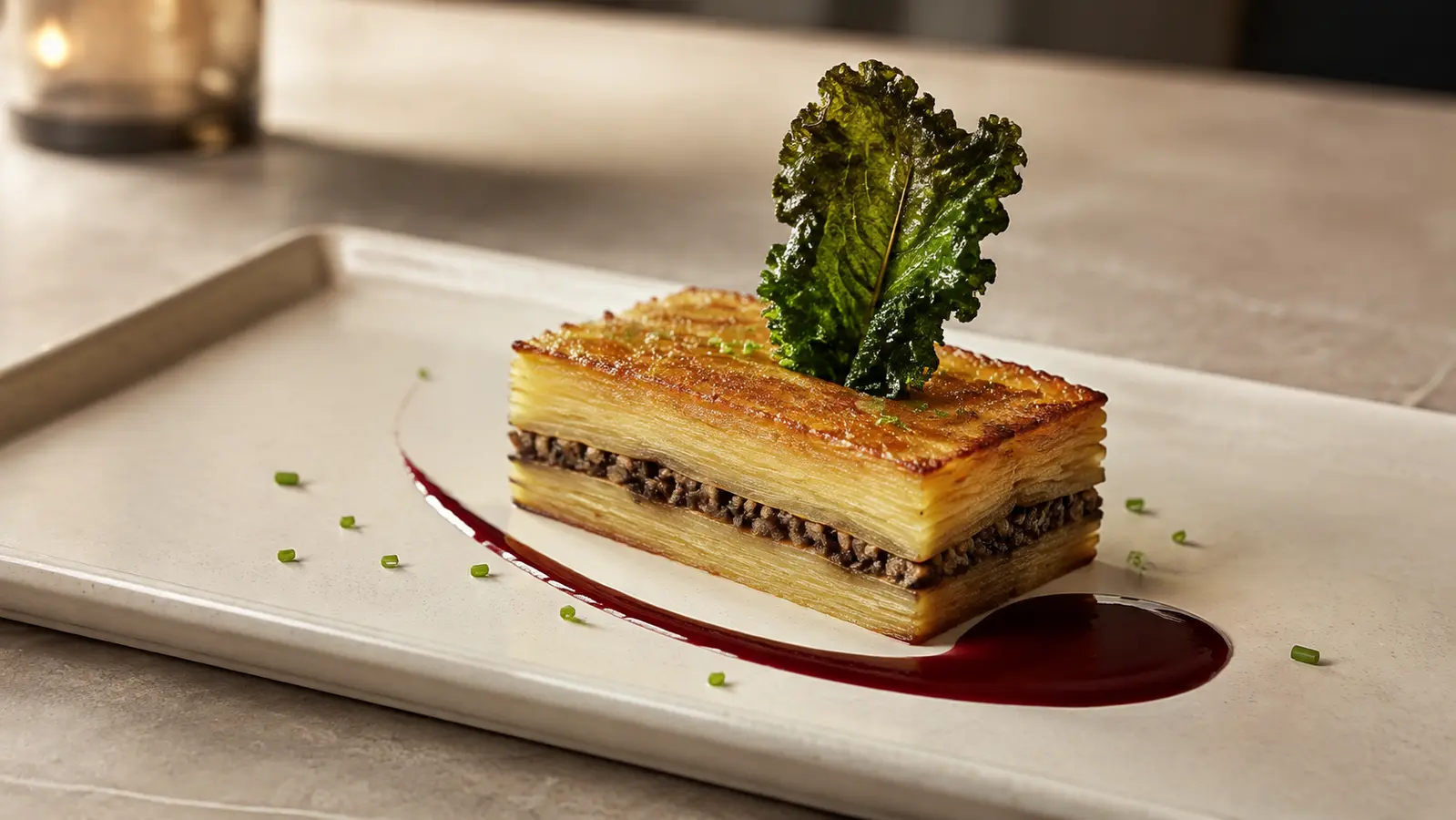 Crisp layered potato pavé with porcini duxelles, sour cherry glaze and kale crisp on an ivory plate