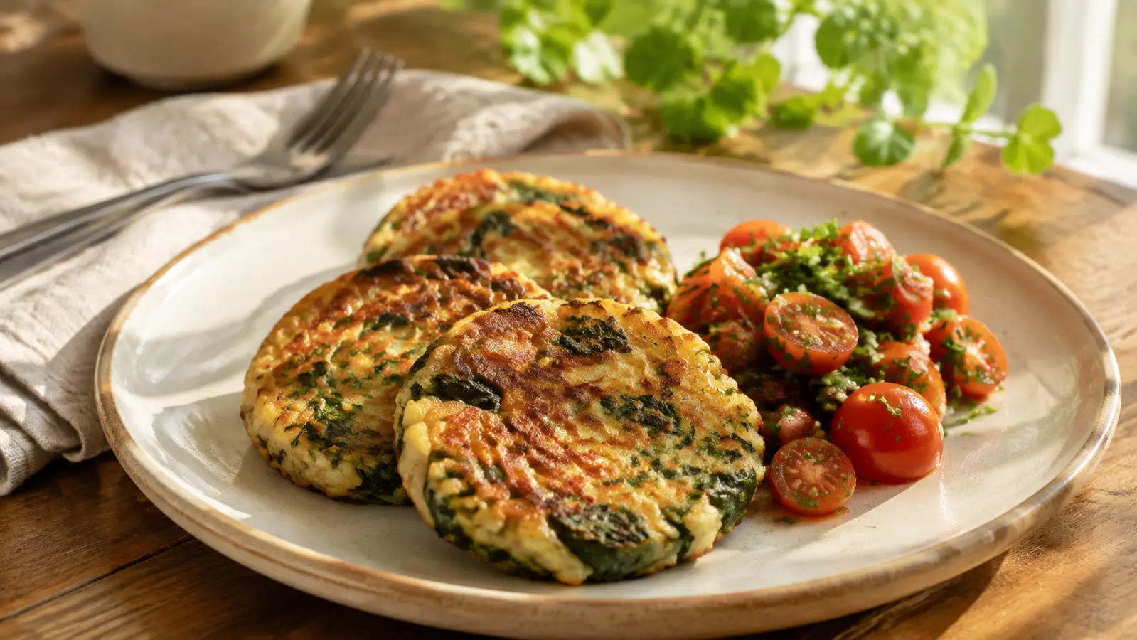 Crispy vegan potato and spinach breakfast cakes served with fresh cherry tomato parsley relish