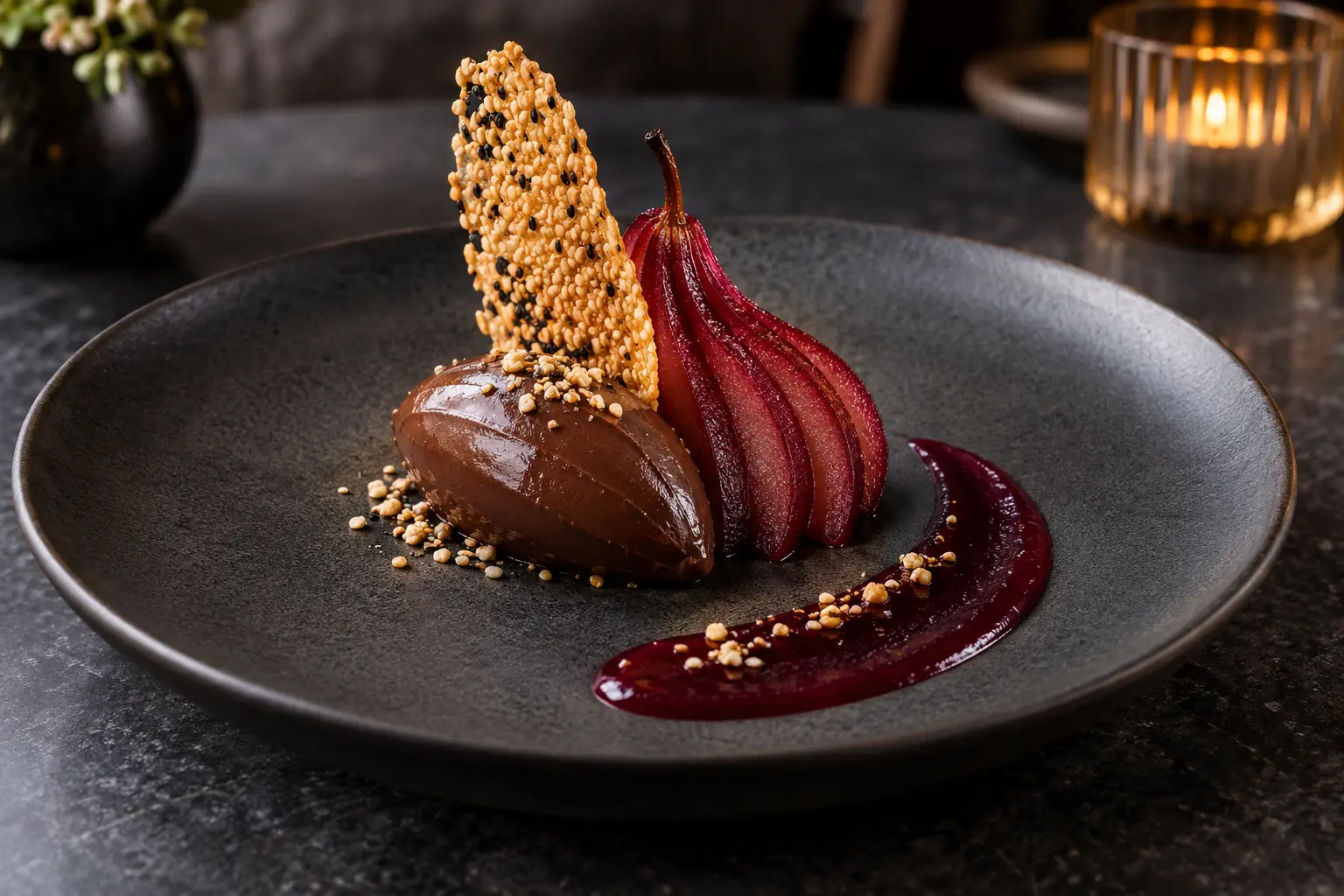 Vegan dark chocolate tahini crémeux with ruby-poached pear, sesame tuile and sour cherry sauce on a charcoal plate