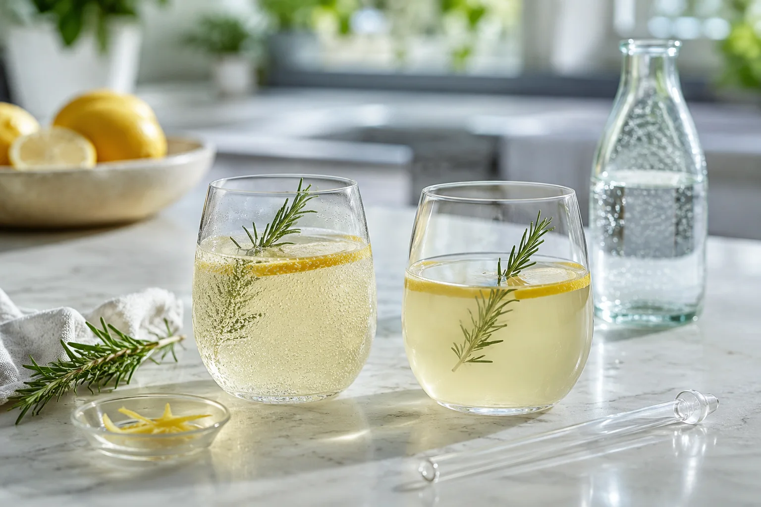 Two pale citrus and rosemary drinks, one sparkling with fine carbonation bubbles and one still, on a bright kitchen worktable