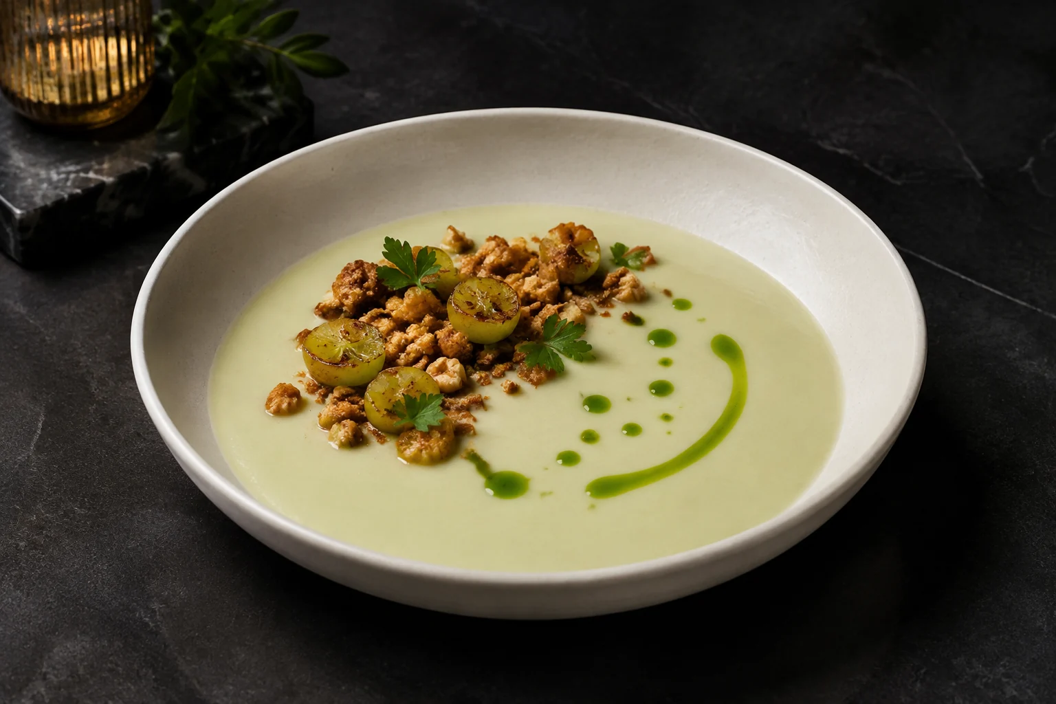 Vegan kohlrabi velouté with roasted green grapes, walnut rye crumble and green lovage oil in an ivory bowl