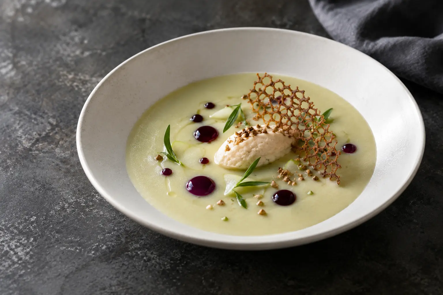 Vegan kohlrabi velouté with white bean quenelle, Concord grape gastrique and crisp buckwheat lace in a shallow ivory bowl