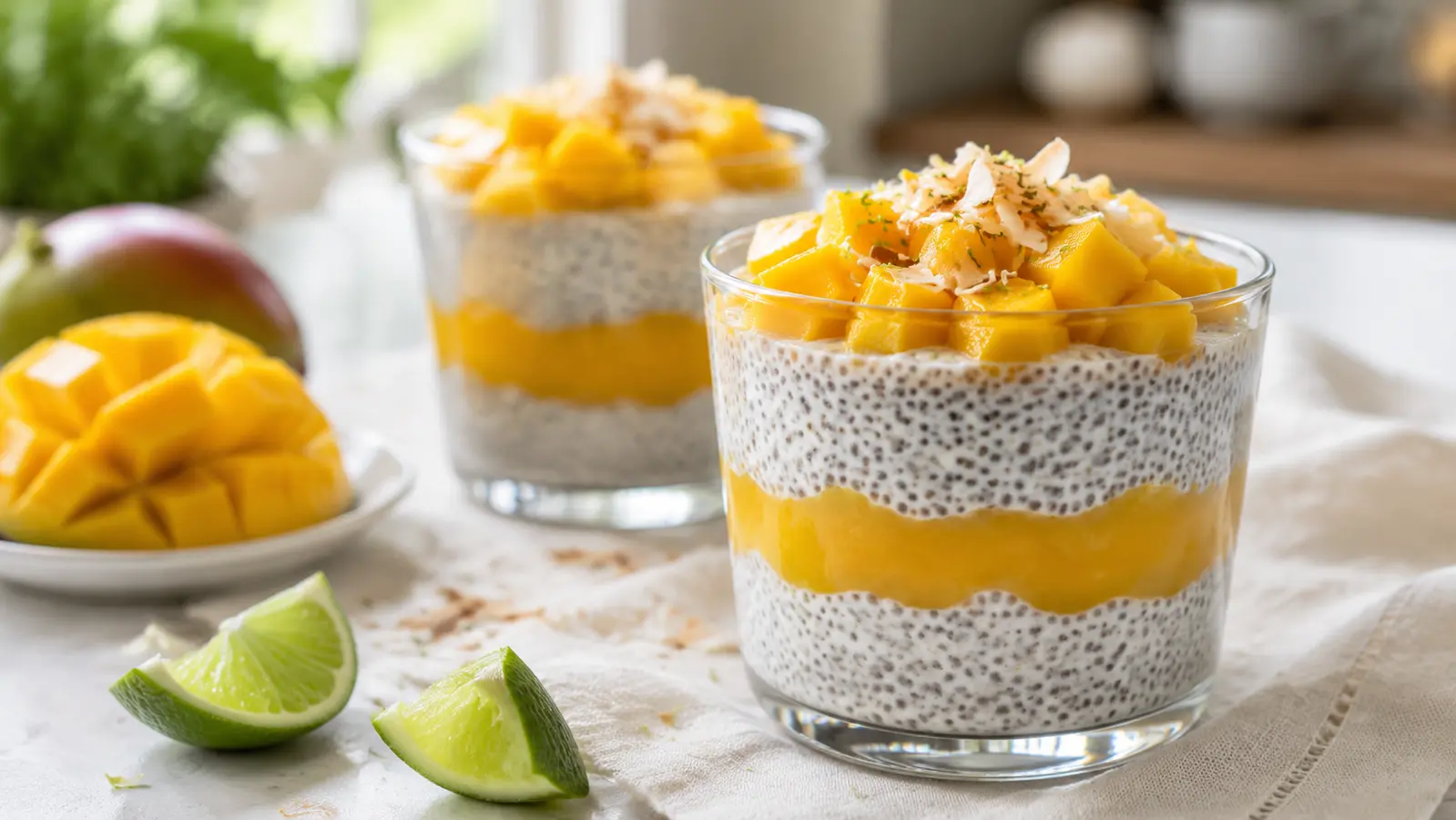 Vegan mango lime chia pudding cups layered with mango purée and topped with diced mango and toasted coconut