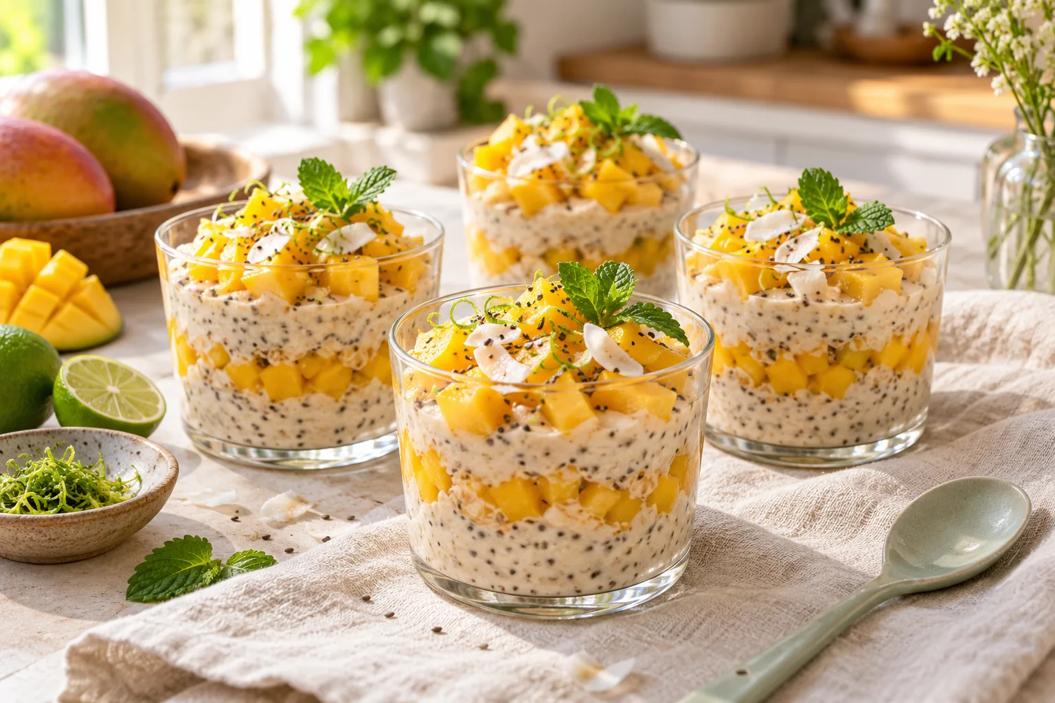 Vegan mango-cardamom overnight oat cups layered with diced mango, chia seeds, coconut flakes and lime zest
