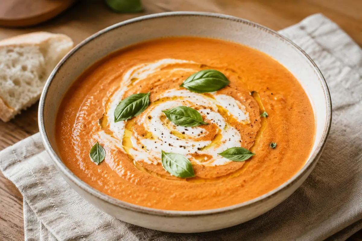 Creamy roasted red pepper and white bean soup with vegan yogurt, basil and olive oil in a ceramic bowl