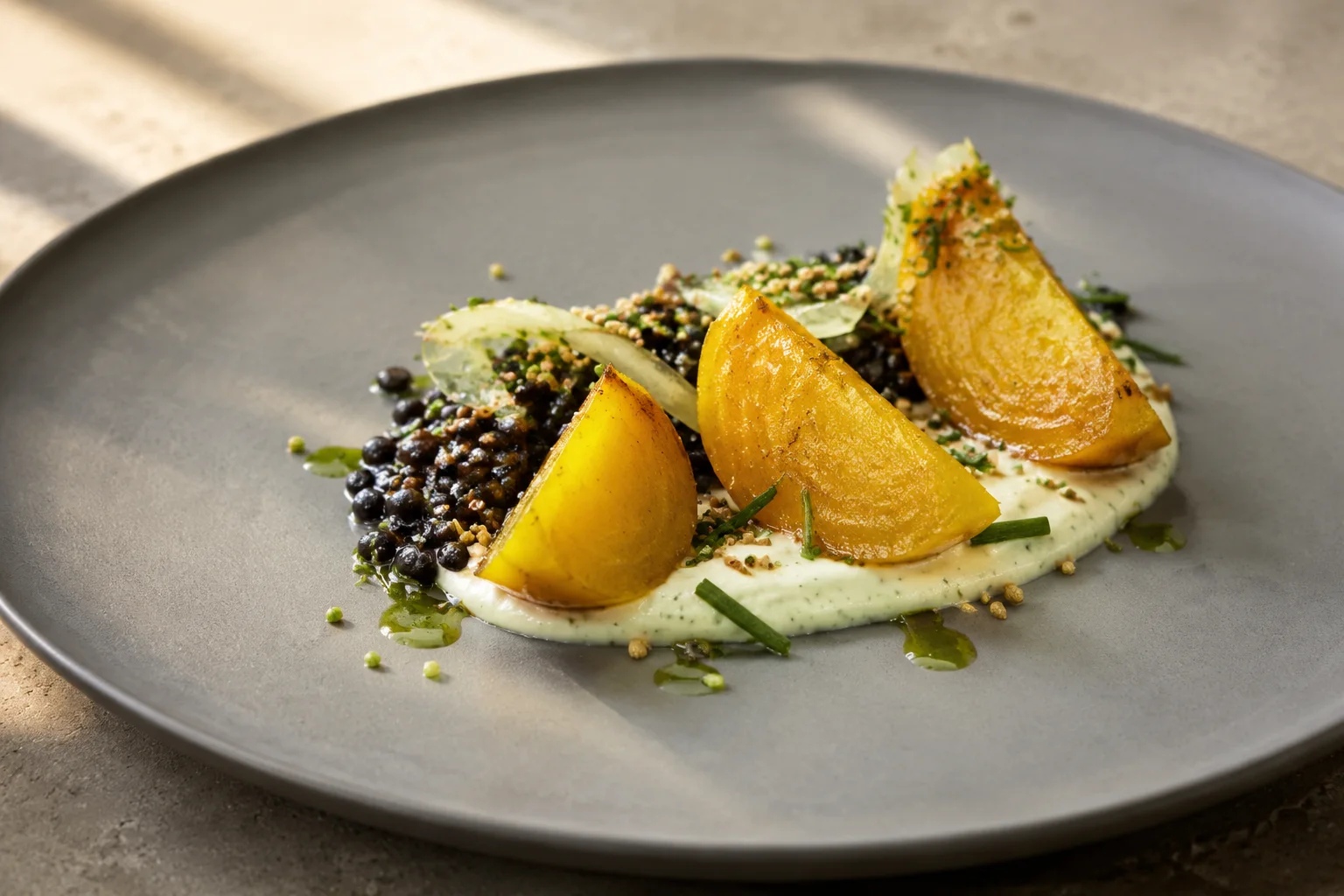 Salt-baked golden beet wedges with black garlic lentils, chive cashew cream, fennel confit and toasted buckwheat on a warm-grey plate