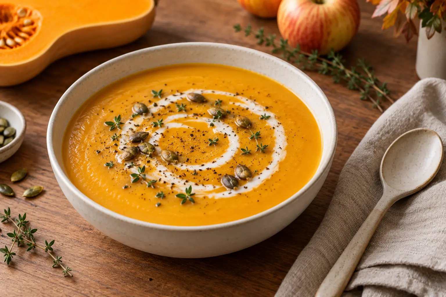 Vegan butternut squash and apple soup with coconut milk, pumpkin seeds and fresh thyme in a cream ceramic bowl